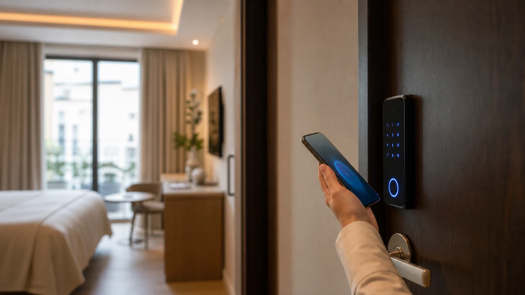 Ospite che apre una camera con smartphone e tastierino smart