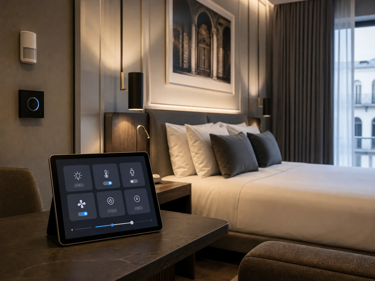 Camera hotel con sensori, termostato e dashboard domotica