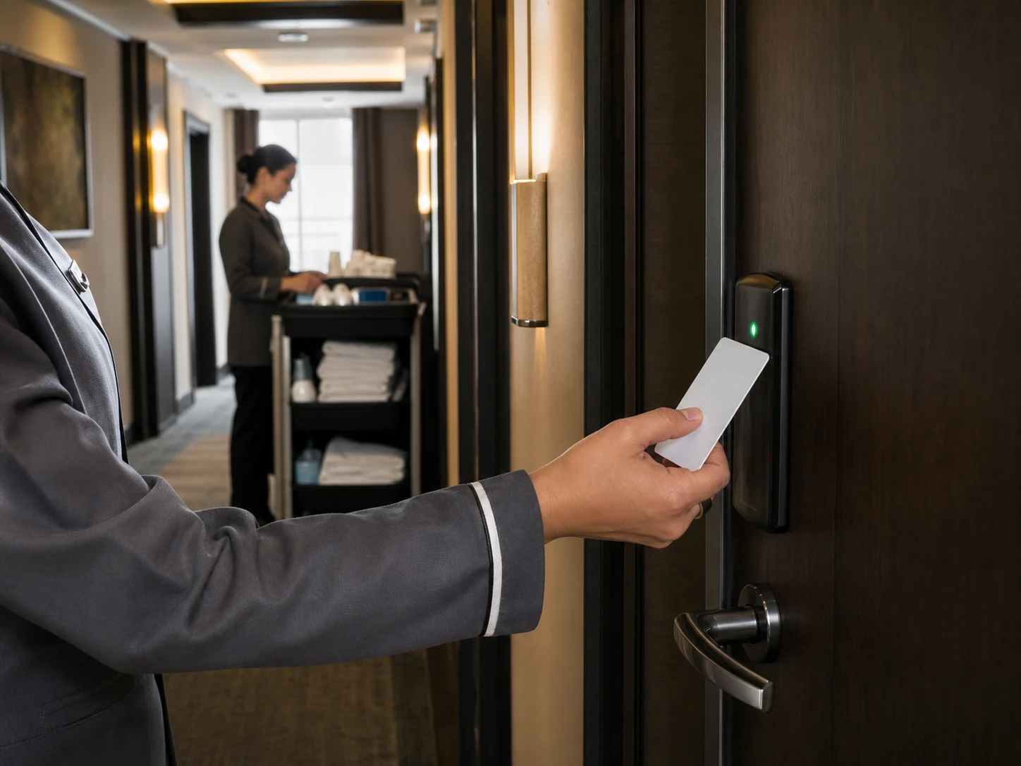 Staff hotel che usa badge su lettore smart