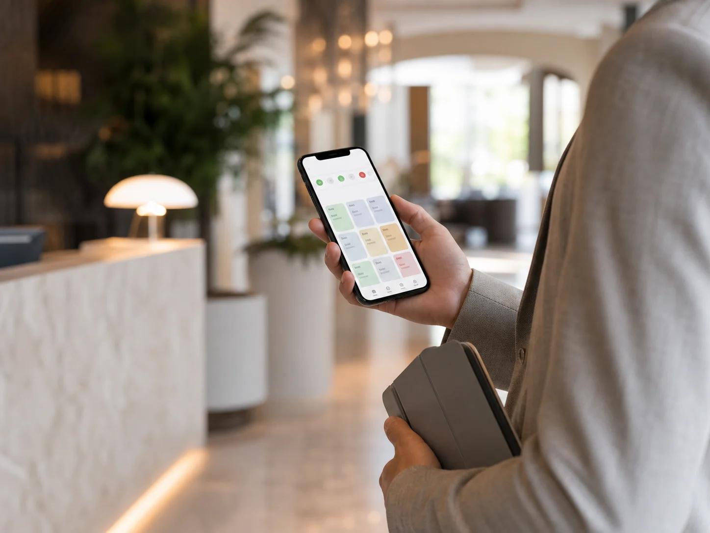 Controllo PMS hotel da smartphone in lobby