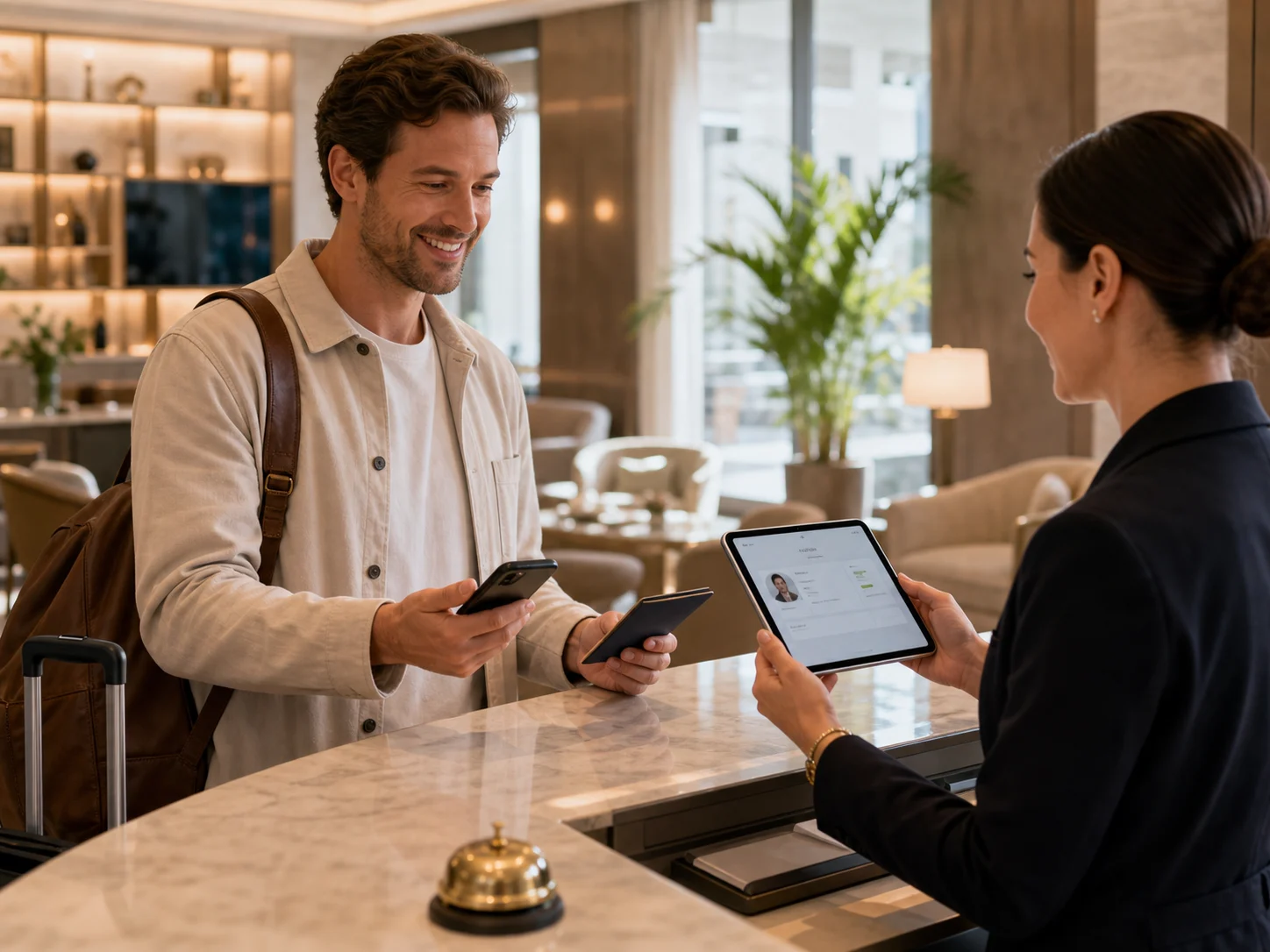 Check-in hotel con documento e tablet reception