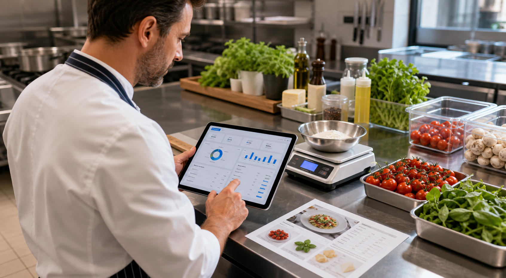Chef che controlla ricette grammature e food cost con Scidoo