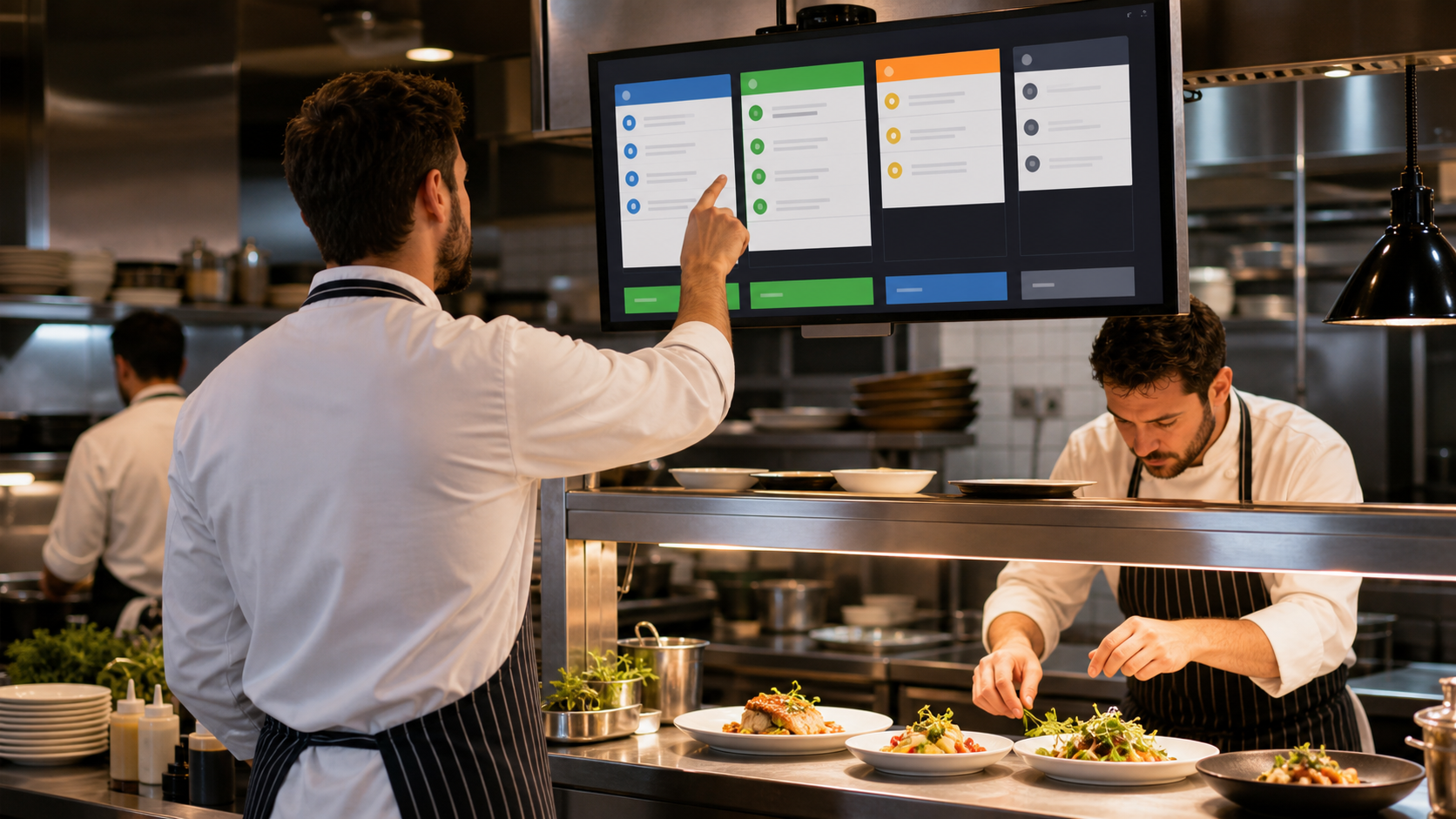 Chef che aggiorna un ordine pronto sul kitchen monitor Scidoo