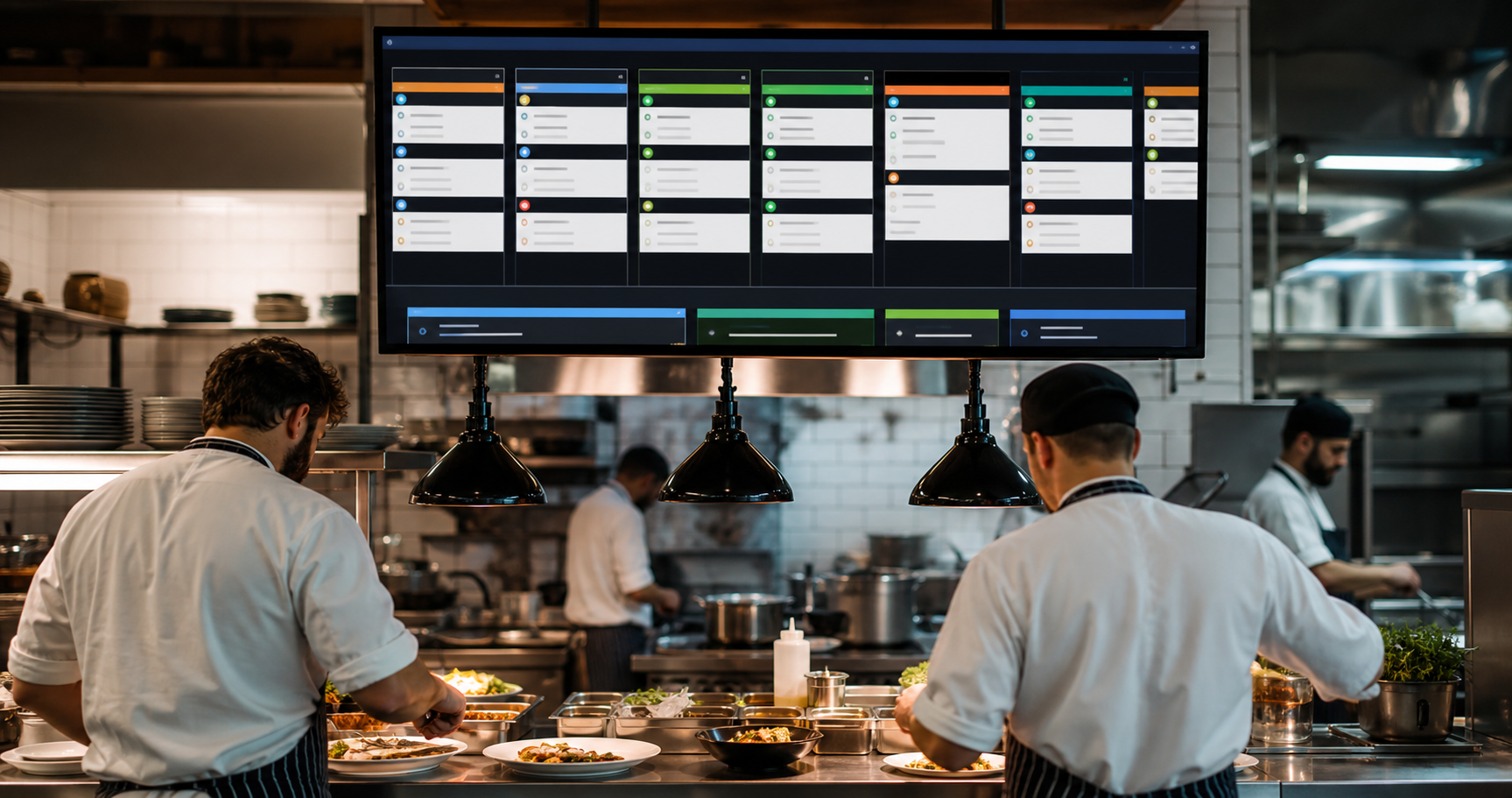 Kitchen monitor Scidoo in cucina professionale con ordini e stati di preparazione