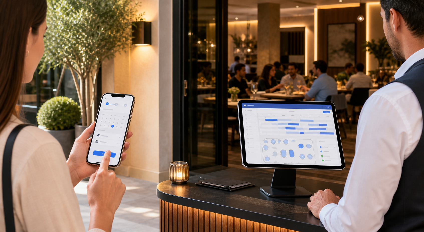Cliente che prenota un tavolo online mentre il ristorante gestisce calendario e mappa tavoli con Scidoo