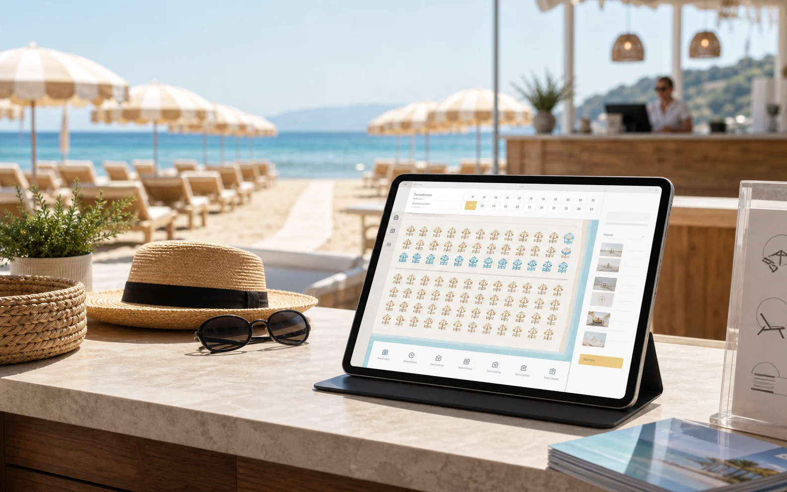 Software spiaggia con ombrelloni, file, disponibilità e servizi accessori.